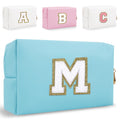 HENGNI Small Personalized Letter Makeup Bag, Cute PU Leather Chenille Letters Cosmetic Bag Travel Makeup Pouch, Preppy Travel Organizer Zipper Pouch for Women&Girls（Blue-M）