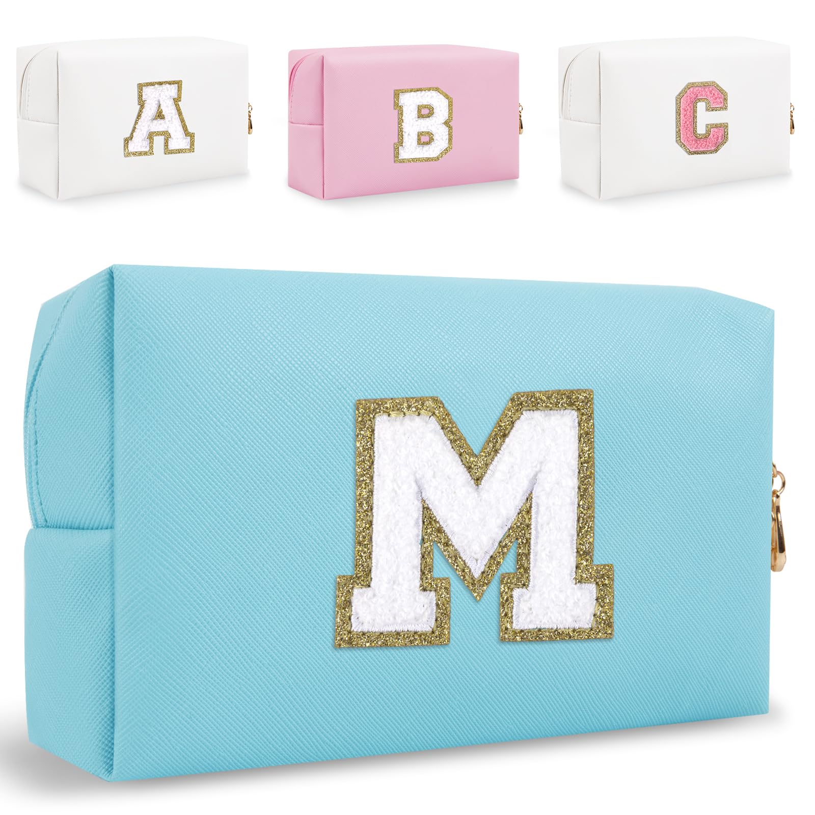 HENGNI Small Personalized Letter Makeup Bag, Cute PU Leather Chenille Letters Cosmetic Bag Travel Makeup Pouch, Preppy Travel Organizer Zipper Pouch for Women&Girls（Blue-M）