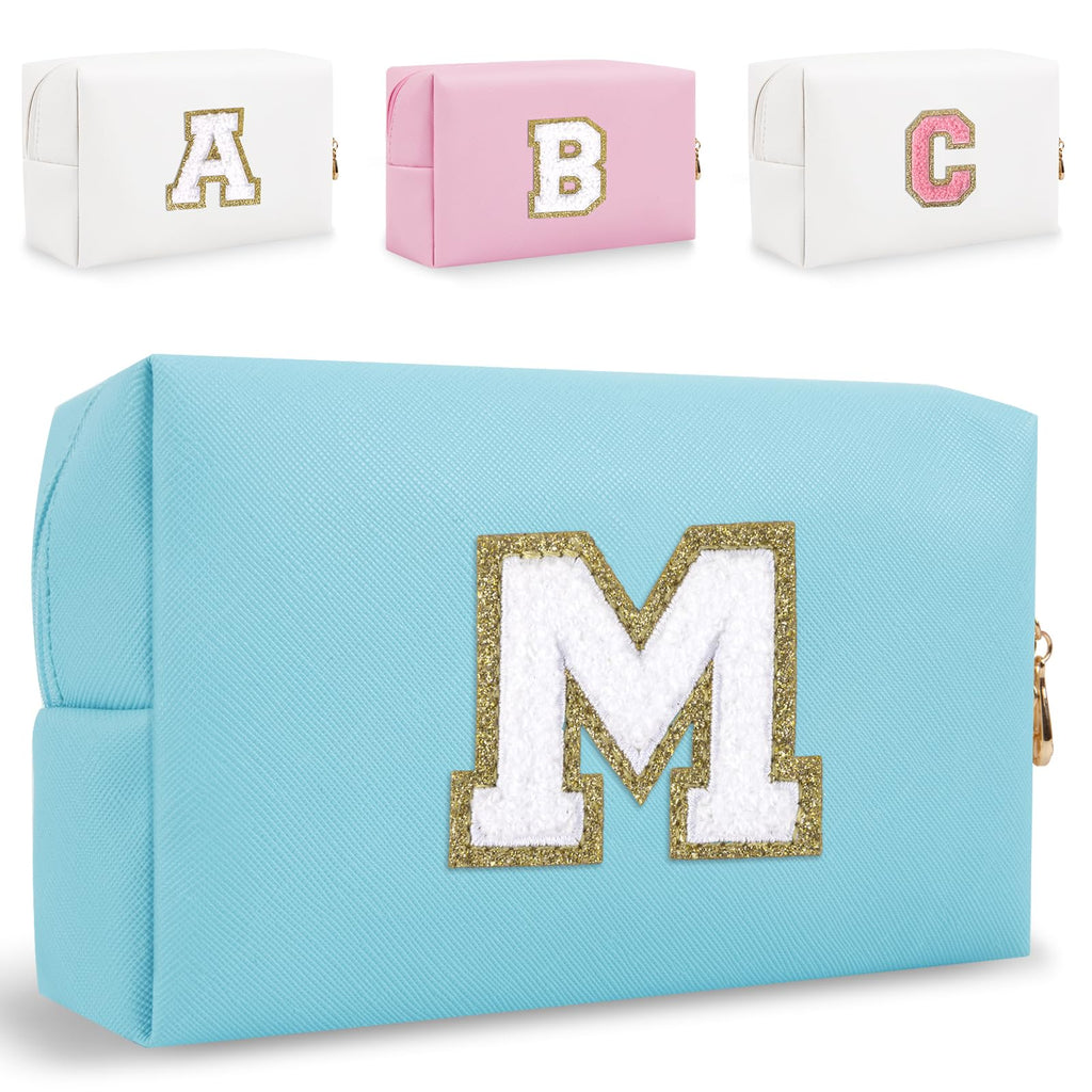 HENGNI Small Personalized Letter Makeup Bag, Cute PU Leather Chenille Letters Cosmetic Bag Travel Makeup Pouch, Preppy Travel Organizer Zipper Pouch for Women&Girls（Blue-M）