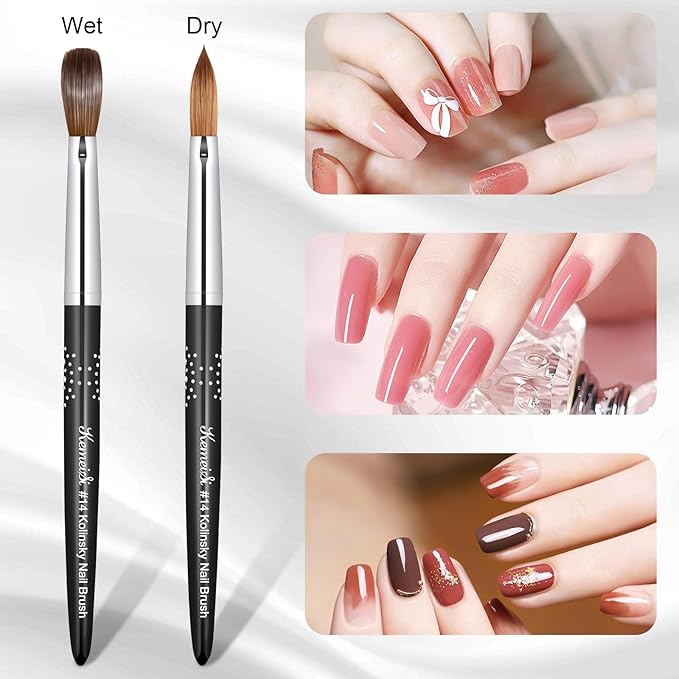KEMEISI Acrylic Nail Brush Size #14, 100% Pure Kolinsky Nail Art Brushes for Acrylic Application, Sturdy Handle Oval Shaped Acrylic Powder Nail Design Tools for Professional Manicure DIY