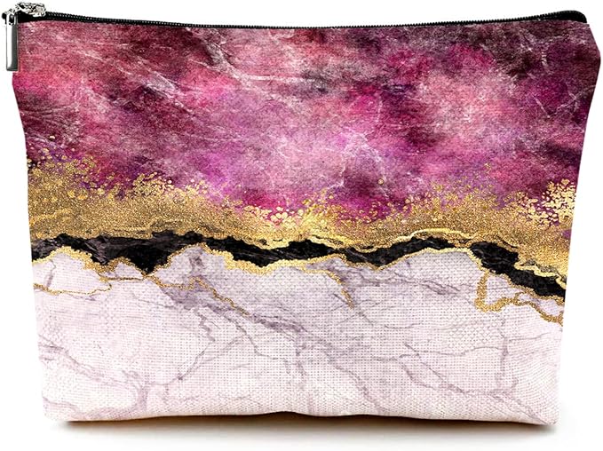Givotin Cute Makeup Bag for Purse Canvas Waterproof Funny Cosmetic Bags for Women Zipper Travel Toiletry Pouch-Wine Marble Makeup Bags