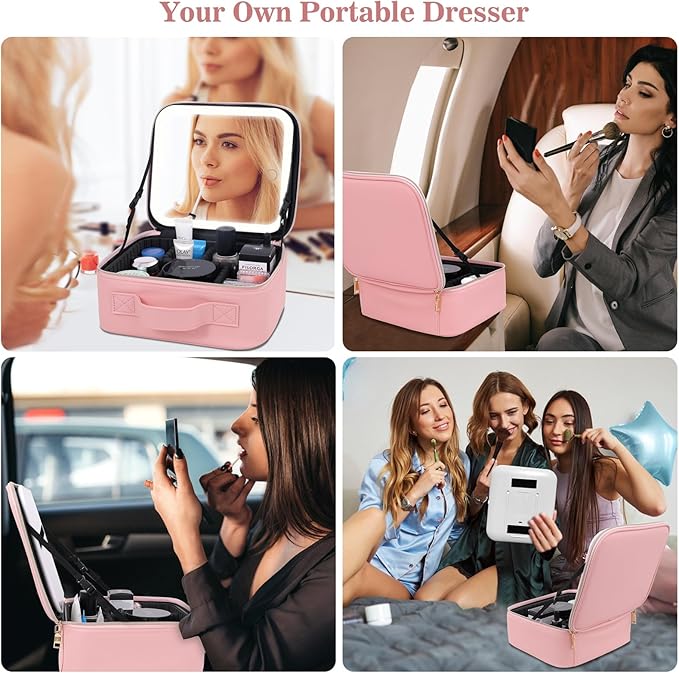 Comeacross Makeup Case with LED Mirror,Makeup Organizer Bag Travel Makeup Case Large Makeup Bag With Rechargeable Mirror 3 Color Lights Detachable Mirror for Women Beauty Tools Accessories（Pink）
