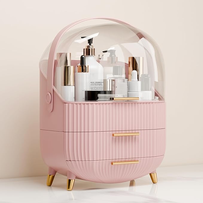 lurcns Vanity Organizer with Lid and Drawers, Beauty Skin Care Storage for Countertop, Birthday Gift for Teen Girls, 10 11 12 13 14 15 16 17 18 Year Old Girl Gifts, Pink Makeup Holder for Dresser