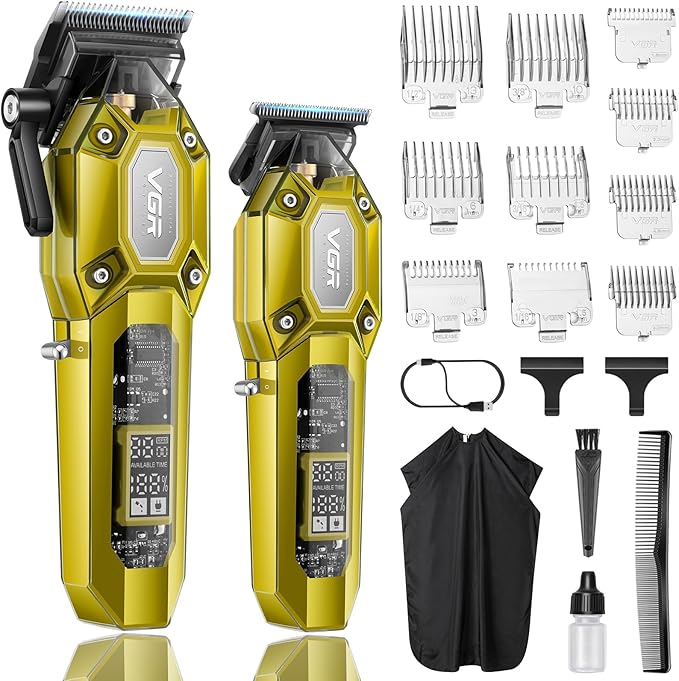 VGR 600&900 Cordless Barber Clipper Trimmer Set with LED Display, Gold