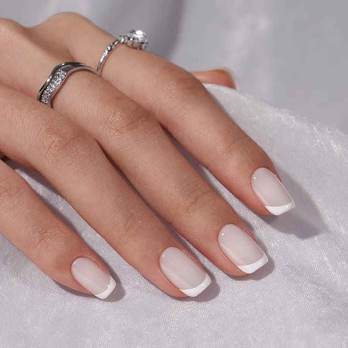 BTArtbox Press On Nails, Classic French, Short Square, White Nude, 30Ct