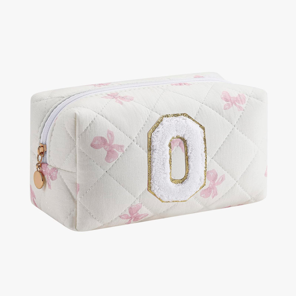 Gleyemor Personalized Initial Makeup Bag for Women, Cute Quilted Pink Floral Cotton Cosmetic Bag, Christmas Gifts for Her Mom Friend Sister Bridesmaid Teacher Women O
