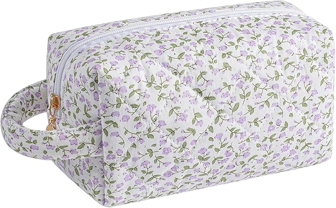 HHQQWZ Makeup Bag Travel Cosmetic Bag for Women, Zipper Make Up Pouch, Floral Flowers Toiletry Organizer Makeup with Handle, Cosmetic Travel Cloth Bag (Purple Floral)