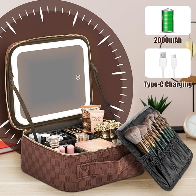 Extrei Gent Makeup Travel Train Case with Mirror LED Light 3 Adjustable Brightness Large Cosmetic Bag Portable Storage Adjustable Partition Waterproof Makeup Brushes Make up Jewelry Gift for Women