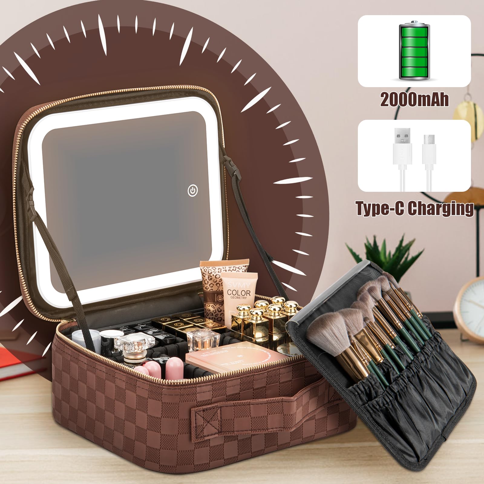 Extrei Gent Makeup Travel Train Case with Mirror LED Light 3 Adjustable Brightness Large Cosmetic Bag Portable Storage Adjustable Partition Waterproof Makeup Brushes Make up Jewelry Gift for Women