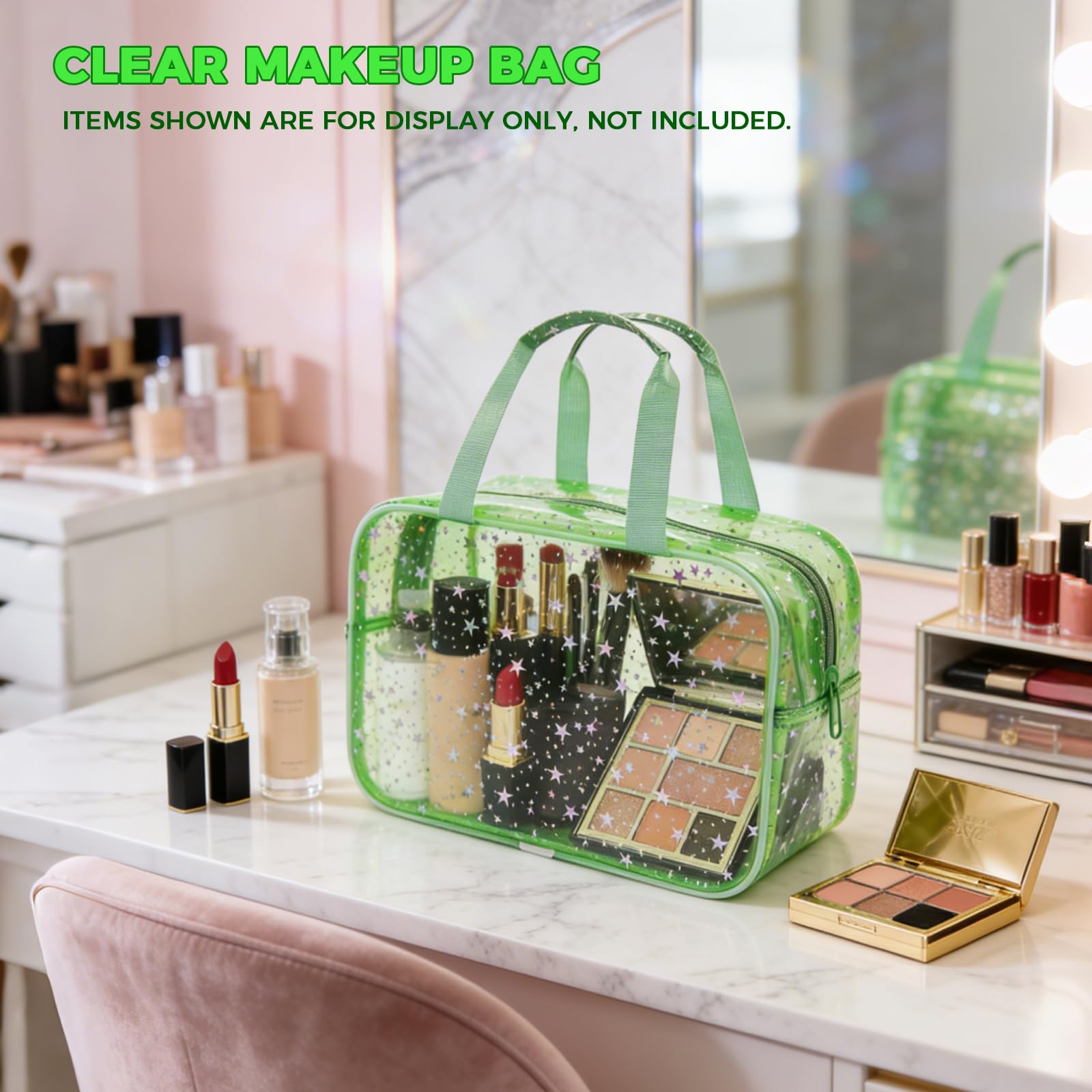 Junesters Large Clear Makeup Bag 12x5x8 Green Star Pattern - Waterproof PVC Travel Cosmetic Organizer with Handle, Durable Transparent Toiletry Case for Women Girls Travel Gym Beach Storage