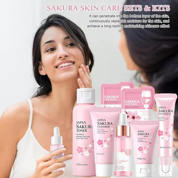 Sakura Skin Care Set, Skincare for Girls 10-12, Birthday Gifts for Teen Girls,Travel Size Set -7Pcs Cherry Blossom Hydrating Routine Kit for Women (One Size, Cherry Blossom-StyleA-Bae Moisturizing)