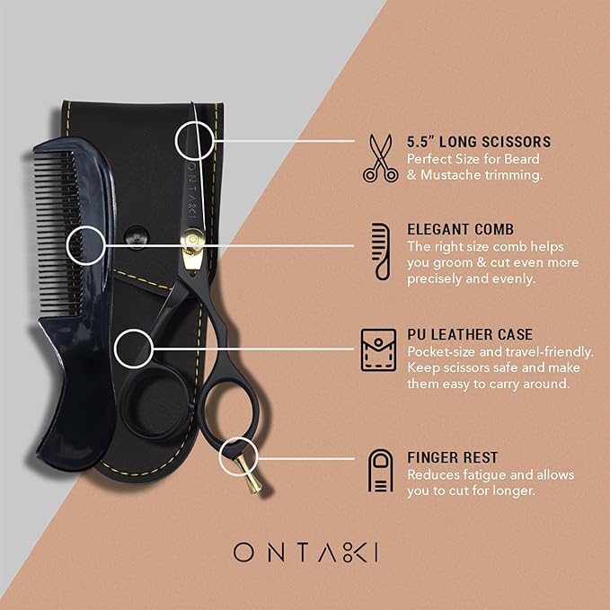 Ontaki Beard & Mustache Scissors & Combs for Men - 5.5" Black, Right Hand