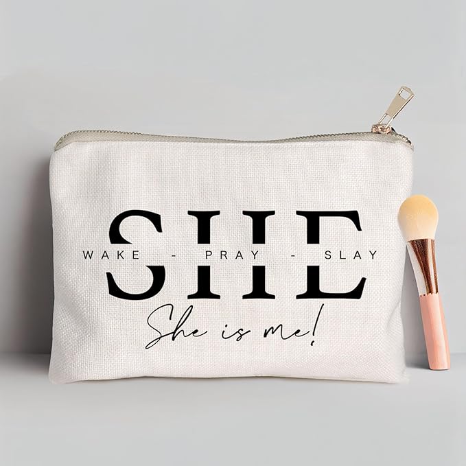 HubbgDesign She Wake Pray Slay Makeup Bag, Motivational Cosmetic Pouch for Women, I Am Strong Affirmation Makeup Case, Boss Girl Travel Toiletry Bag, Gift Idea for Her