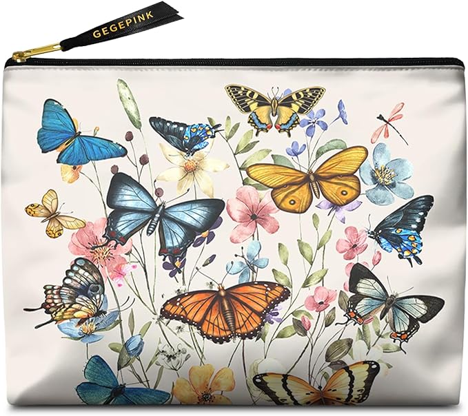 GEGEPINK Cute Makeup Bag for Purse Waterproof Cosmetic Bags for Women Funny Smooth Zipper Travel Toiletry Pouch 10X8 Inches-Butterfly Wildflower Makeup pouch