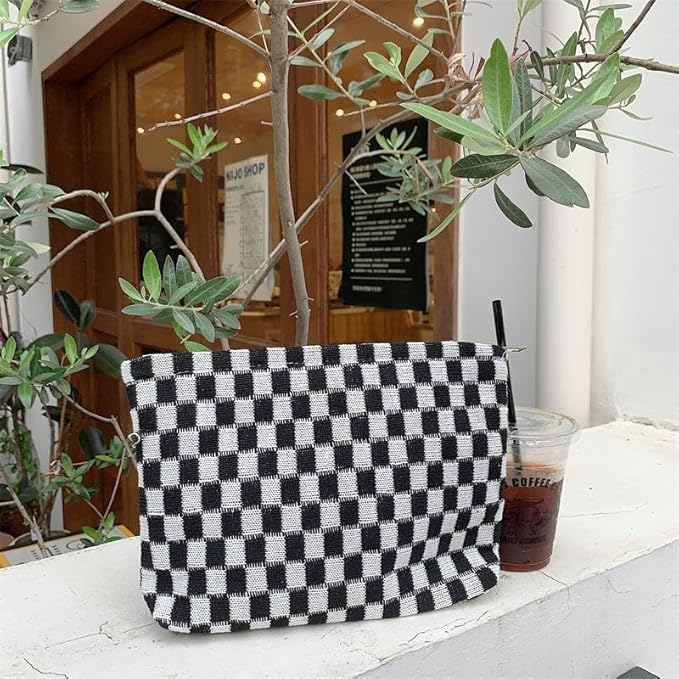 PAZIMIIK Checkered Makeup Bag for Purse, Small Flat Cosmetic Pouch,Black
