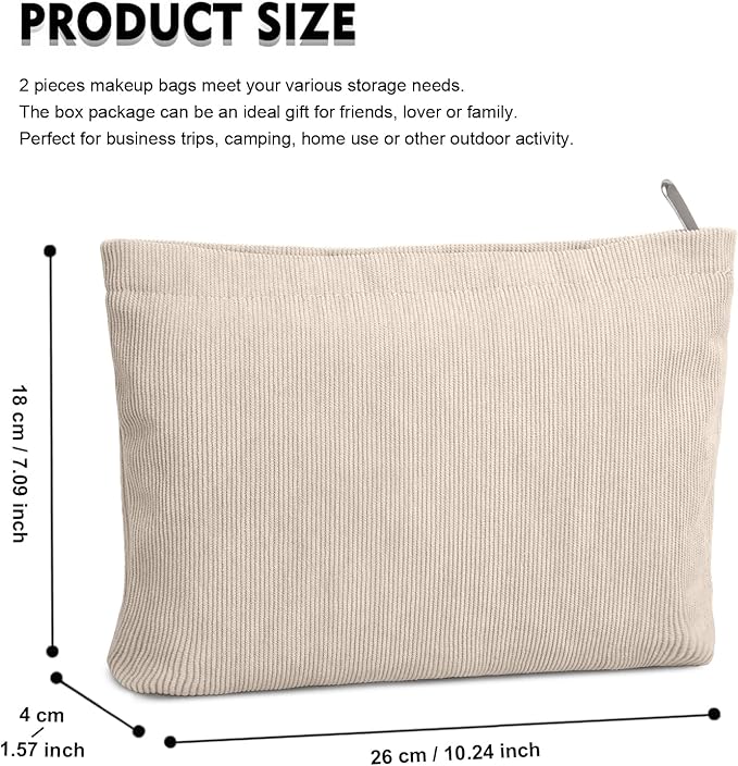 FITDON 2PCS Cosmetic Bags for Women Makeup Bag for Purse Small Corduroy Makeup Pouch Travel Make Up Bag with Zipper Toiletry Bag Organizer, Beige