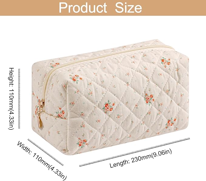 HHQQWZ Makeup Bag Travel Cosmetic Bag for Women Girls, Zipper Make Up Pouch, Floral Flowers Toiletry Organizer Makeup, Portable Storage Bag, Cosmetic Travel Cloth Bag (White Small Flower)