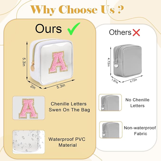 Personalized Initial Letter Clear Preppy Makeup Bag,Mini Nylon Chenille Letter Cosmetic Bag Cute Zipper Pouch Purse for Teen Girls,Portable TSA Approved Beach Travel Essentials Bag Gift for Women,J