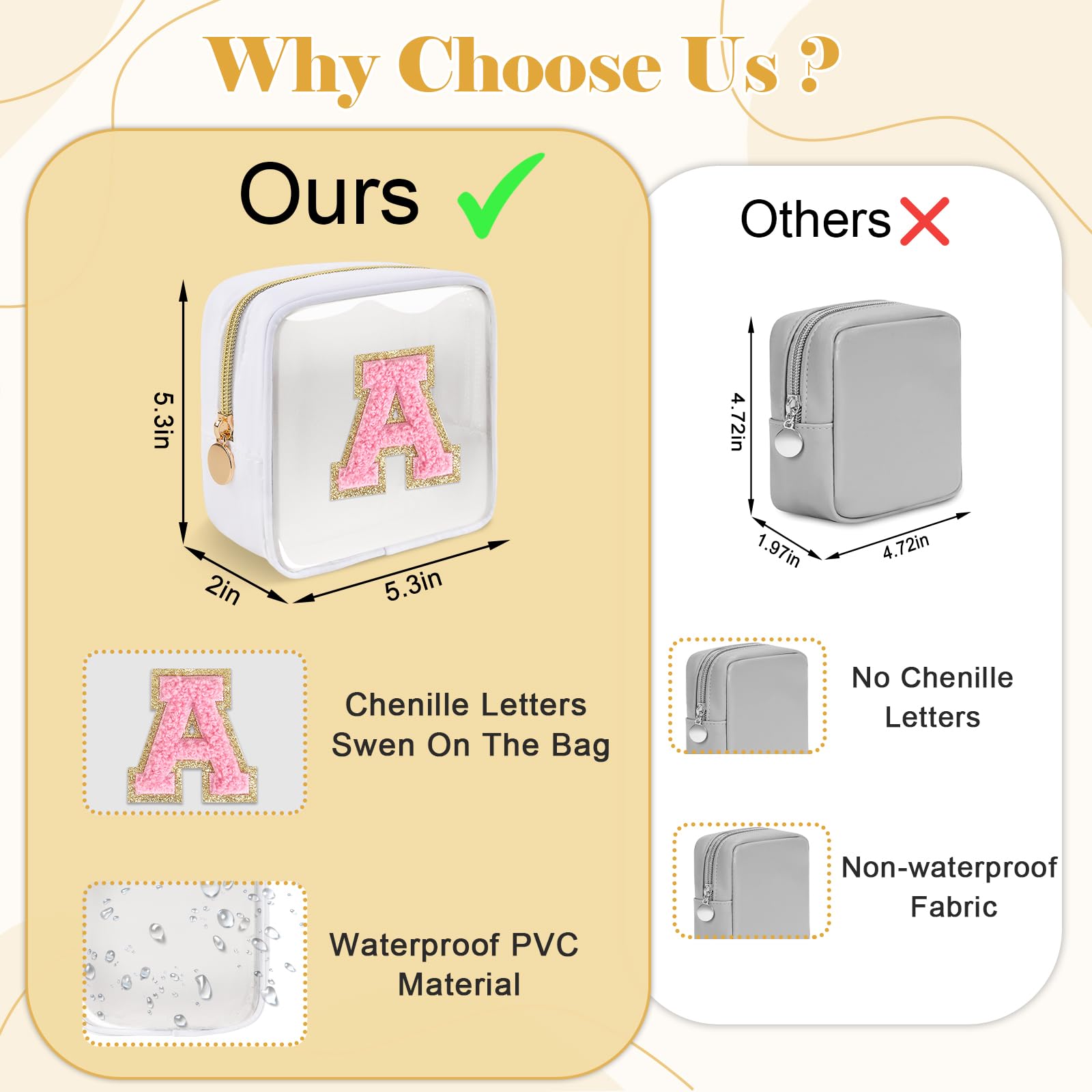 Personalized Initial Letter Clear Preppy Makeup Bag,Mini Nylon Chenille Letter Cosmetic Bag Cute Zipper Pouch Purse for Teen Girls,Portable TSA Approved Beach Travel Essentials Bag Gift for Women,H