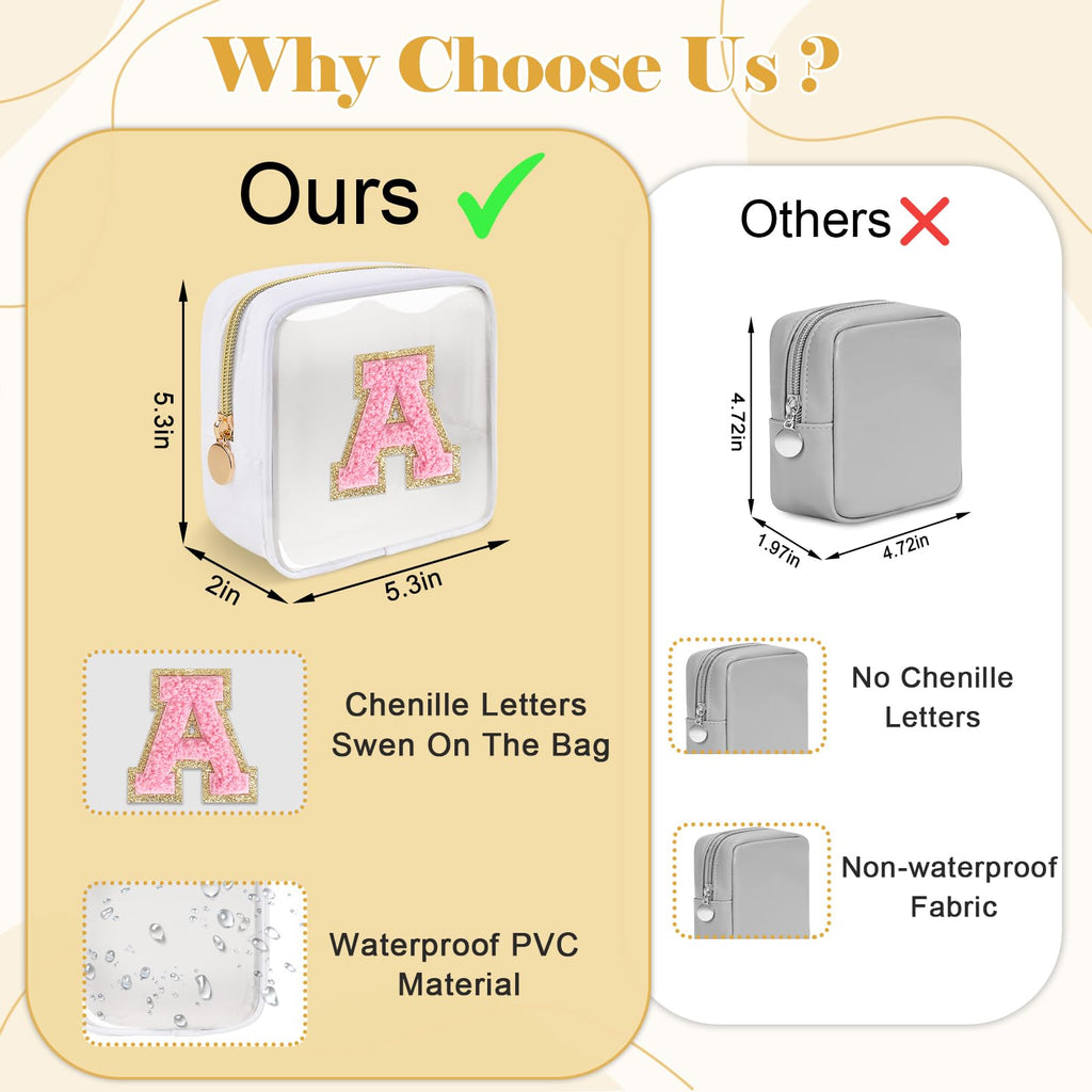 Personalized Initial Letter Clear Preppy Makeup Bag,Mini Nylon Chenille Letter Cosmetic Bag Cute Zipper Pouch Purse for Teen Girls,Portable TSA Approved Beach Travel Essentials Bag Gift for Women,W