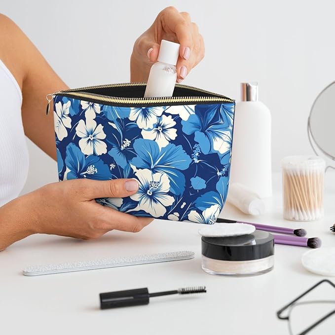 Dultua Mothers Day Gifts Makeup Bag Purse Cosmetic Bag Travel Toiletry Leather Make Up Bags for Mom Wife Women Daughter Blue Hibiscus
