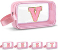 Vodolo Initial Makeup Bag,Letter V Cute Clear Monogrammed Cosmetic Travel Bag for Womens Girls,Personalized Pink Aesthetic Traveling Make Up Organizer Bag for Beach,Waterproof Toiletry Bag
