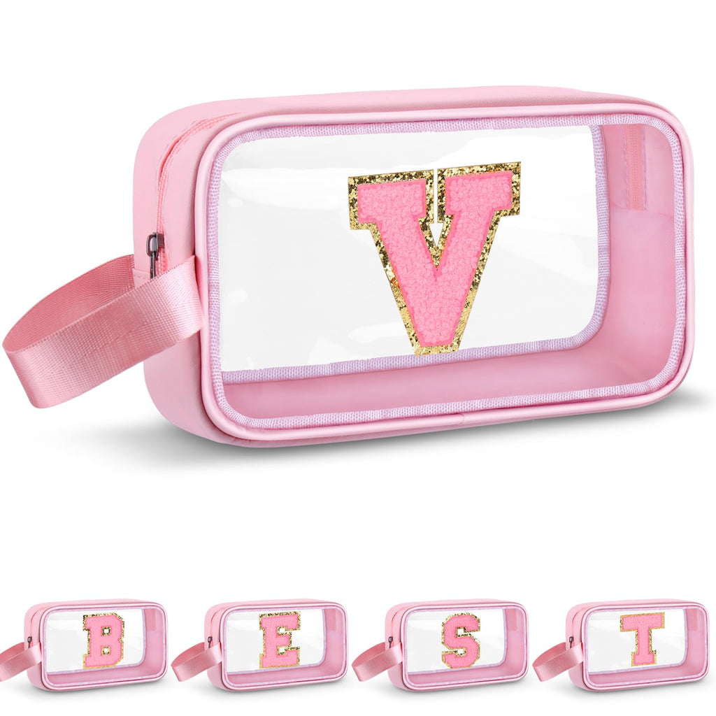 Vodolo Initial Makeup Bag,Letter V Cute Clear Monogrammed Cosmetic Travel Bag for Womens Girls,Personalized Pink Aesthetic Traveling Make Up Organizer Bag for Beach,Waterproof Toiletry Bag