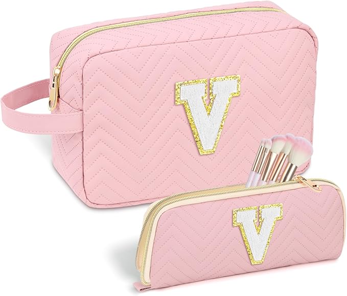 Sernaxi Personalized Initial Makeup Bag Waterproof Leather Cosmetic Bag Travel Toiletry Bag, Valentine’s Day Gift Makeup Organizer Case & Makeup Pouch for Women Teen Girls Mom Girlfriend Wife