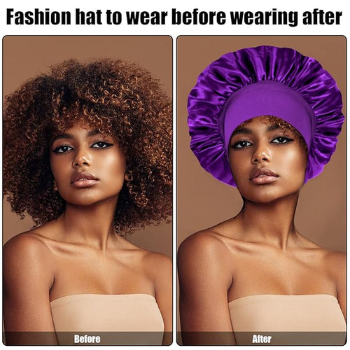 4Pcs Silk Satin Bonnets for Sleeping - Elastic Wide Band Wrap for Black Women Men,Silk Bonnets for Curly Hair,Large Hair Cap for Sleeping (Black+Wine Red+Purple+Brown)