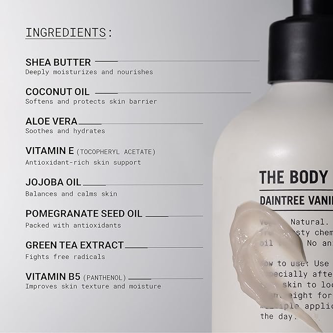 Second Layer Organics Daintree Vanilla Body Lotion | Deep Hydration with Organic Shea, Aloe & Coconut | Fast-Absorbing, Non-Greasy, Vegan Moisturizer for All Skin Types.