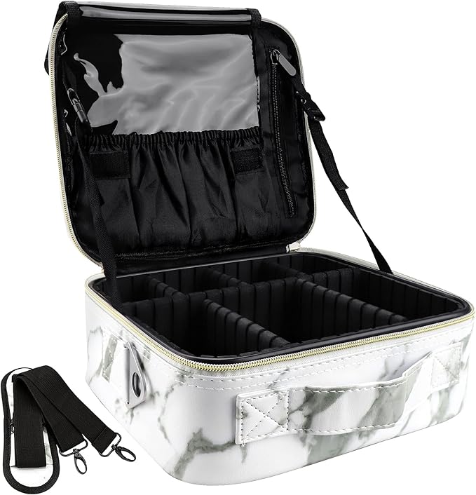 Oewoer Travel Makeup Bag 10.4 Inches Portable Makeup Train Case Cosmetic Bag Organizer with Adjustable Dividers and Shoulder Strap for Cosmetics Brushes Toiletry Jewelry Digital Accessories (Marble)