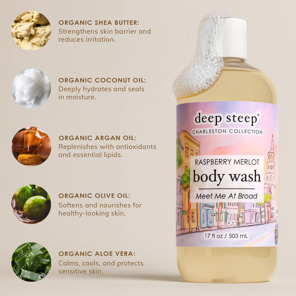 Deep Steep Raspberry Merlot Body Wash, Hydrating Shower Gel with Hyaluronic Acid & Shea Butter for Sensitive Skin, Bodywash for Women & Men, 17 Fl Oz, 1-Pack