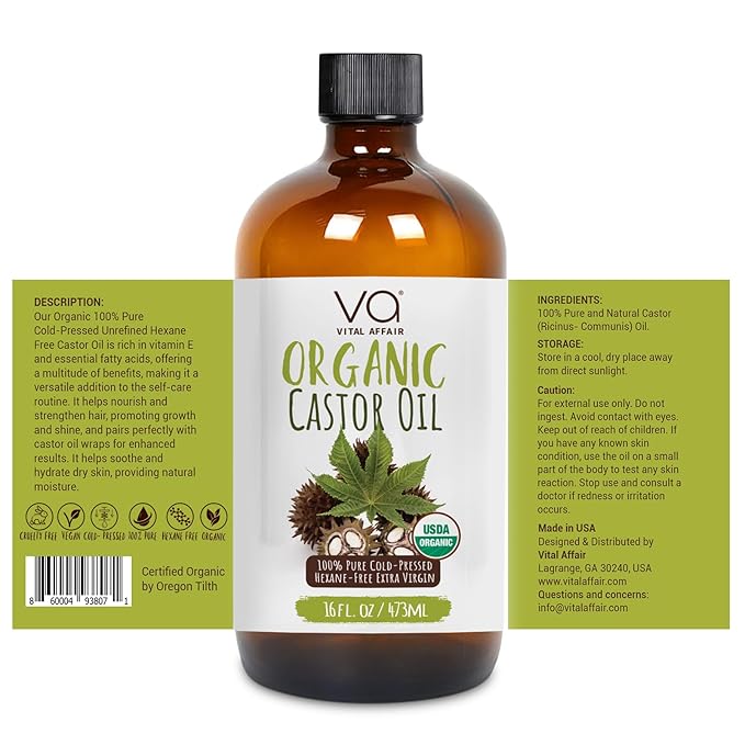Castor Oil Organic Cold Pressed Glass Bottle 16oz For Hair Growth, Eyebrow