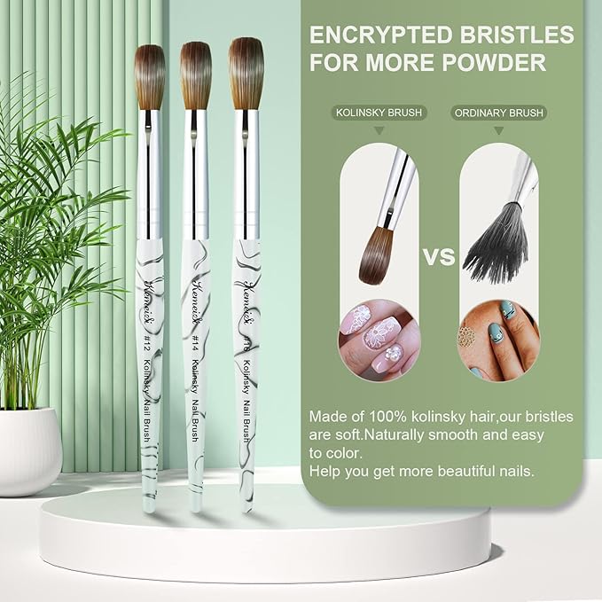 Acrylic Nail Brush Size 8,KEMEISI 100% Pure Kolinsky Nail Art Brushes Sturdy Marble Handle Oval Shaped Acrylic Powder Nail Design Tools for Professional Manicure DIY Home Salon (White)