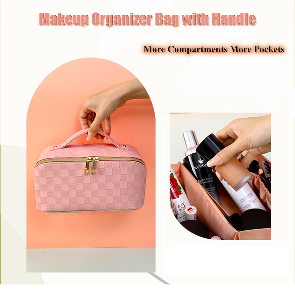 Cosmetic Bag,Travel Makeup Bag, Large Capacity Cosmetic Bags for Women, Waterproof Portable Open Flat Toiletry Bags,Makeup Organizer Bag with Divider and Handle, Pink Cosmetic Pouch Gifts for Women