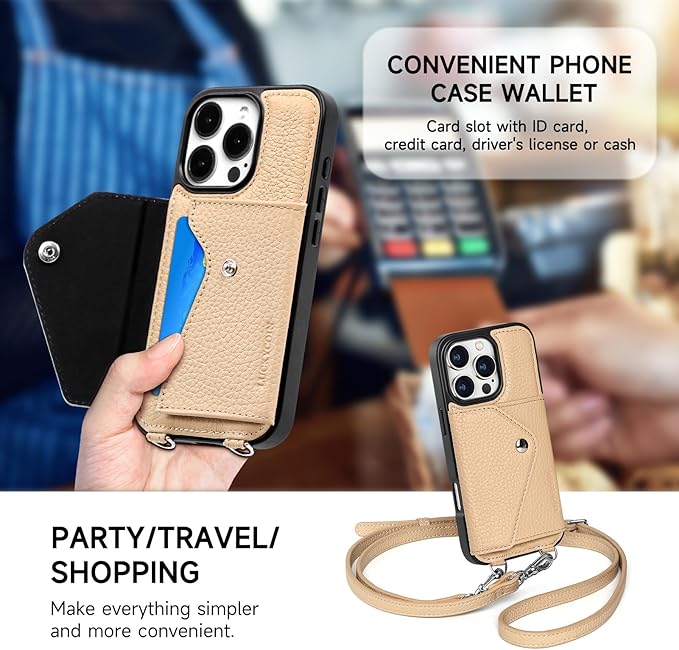 LUCKYCOIN Crossbody Phone Case for iPhone 16 Pro,100% Genuine Leather Phone Wallet Case for Women, Premium Hands-Free Phone Purse with Expandable Flip Card Holder & Adjustable Strap - Pebble Beige