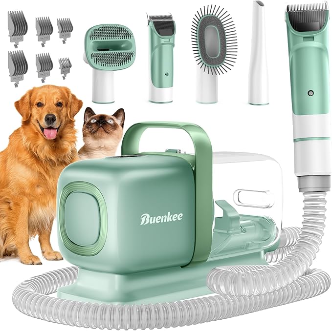 Buenkee Dog Grooming Vacuum Kit, 15000Pa Clipper, Shedding Brush, 2L, Green
