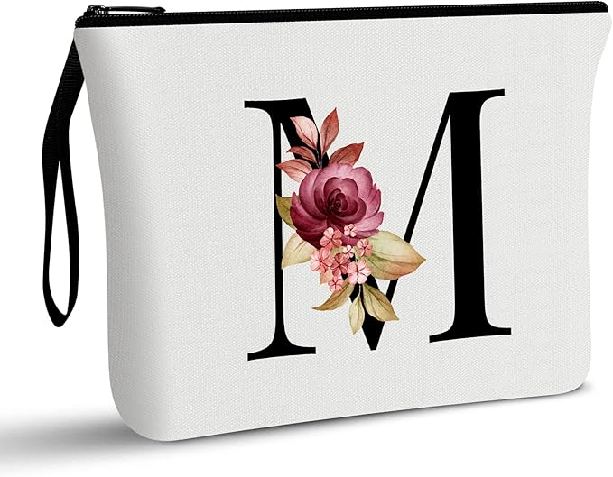 Vavabox A-Z Personalized Makeup Bag, Birthday Gifts for Women Mom, Gifts for Best Friend, Bride Bridesmaid Cosmetic bag (M, 01-White)