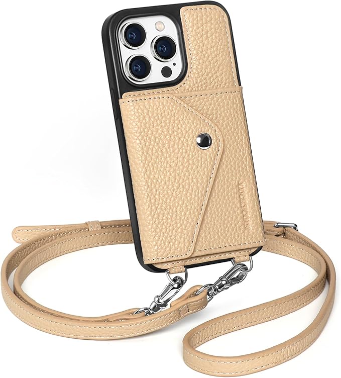 LUCKYCOIN Crossbody Phone Case for iPhone 15 Pro,100% Genuine Leather Phone Wallet Case for Women, Premium Hands-Free Phone Purse with Expandable Flip Card Holder & Adjustable Strap - Pebble Beige