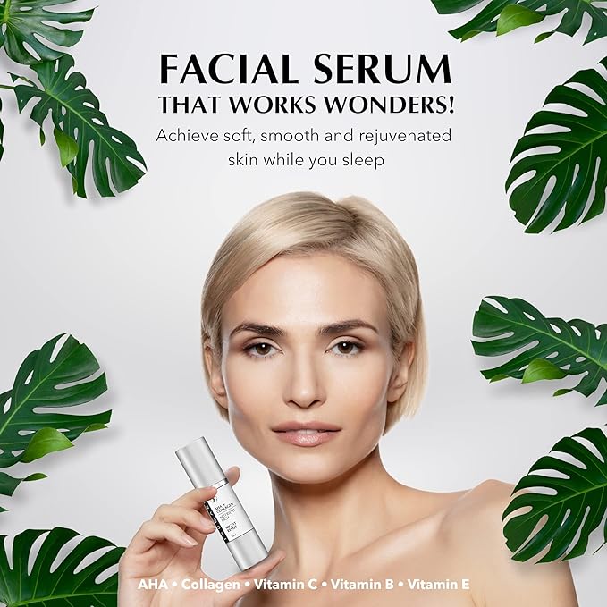 TRUGARI Facial Night Serum with AHA + Collagen, Night Serum for Face, Anti Aging Night Serum, Collagen Boost Anti Aging Serum, Nutrient-Rich Night Face Serum with Vitamins C, B, E, Collagen Skin Care