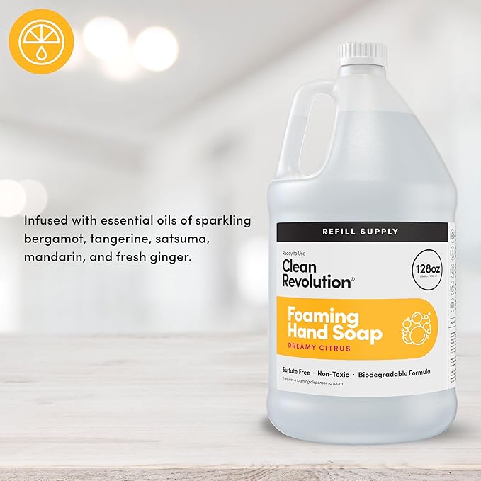 Clean Revolution Foaming Hand Soap Refill with Real Essential Oils, Moisturizing Sulfate-Free Hand Soap, Ready-to-Use Foam Soap Refill for Kitchen & Bathroom (Dreamy Citrus, 128oz)