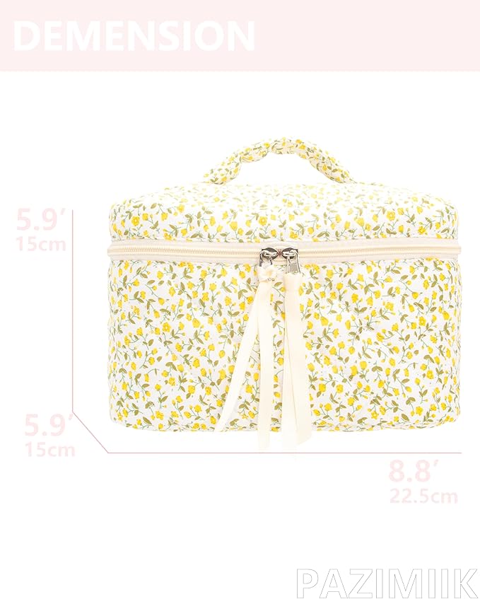 Quilted Makeup Bag for Women, Travel Cosmetic&Toiletry Bag,Floral Yellow