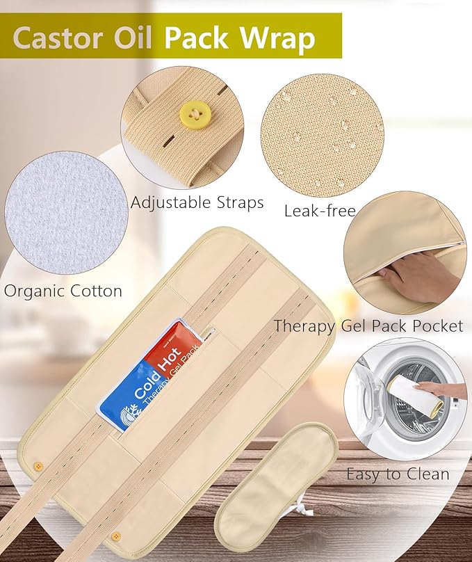VRJEUGO Castor Oil Organic Cold Pressed Unrefined, Amber Glass Bottle with Castor Oil Pack Wrap and Cotton Flannel Cloth for Body, 8oz/237ml