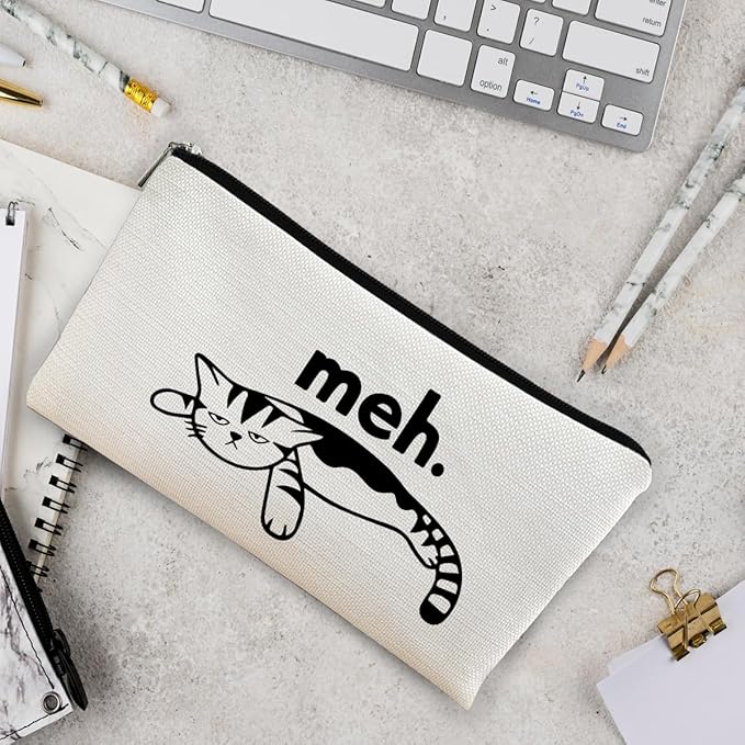 BARPERY Cat Meh Makeup Bag - Funny Sarcastic Cosmetic Zipper Travel Toiletry Bag for Cat Lovers, Teen Girls, Women Idea