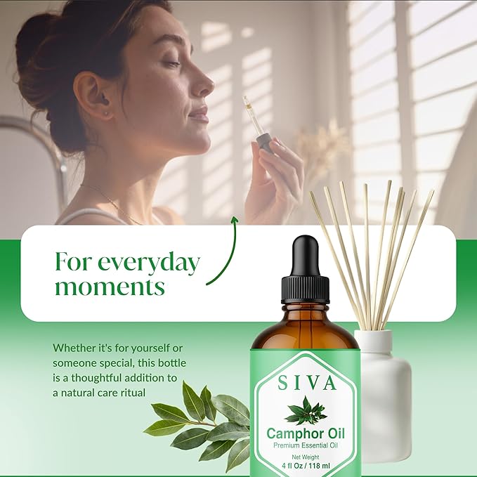 Siva Camphor Essential Oil 4 Fl Oz – for Diffuser, Skin & Hair Care – Ideal for Massage & DIY Blends- with Dropper