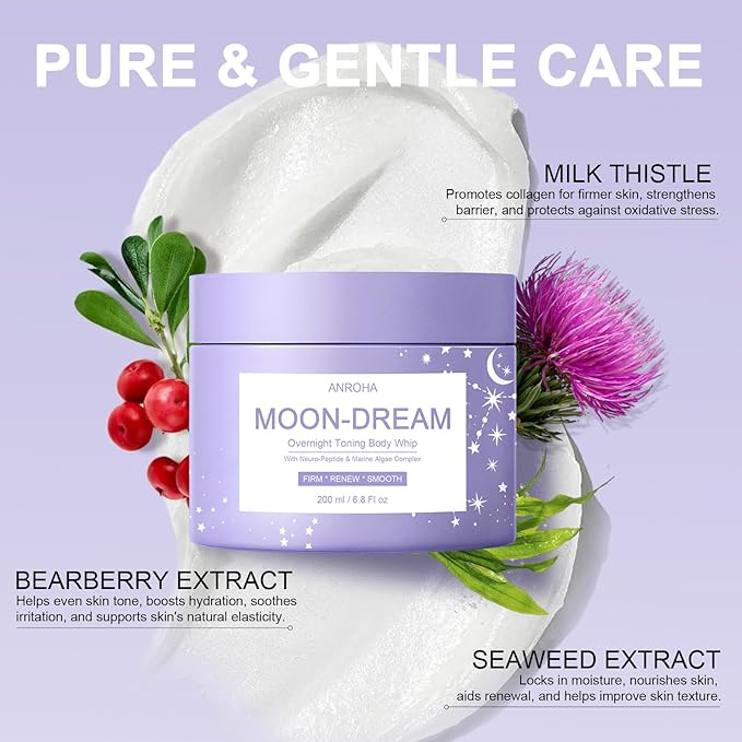 Anroha Moon Dream Overnight Toning Whip - Help Get Dreamy, Firming and Smoother-Looking Skin on Neck, Arms, Thighs - Advanced Nightly Body Lotion with Peptides & Antioxidants - 6.8 Fl Oz
