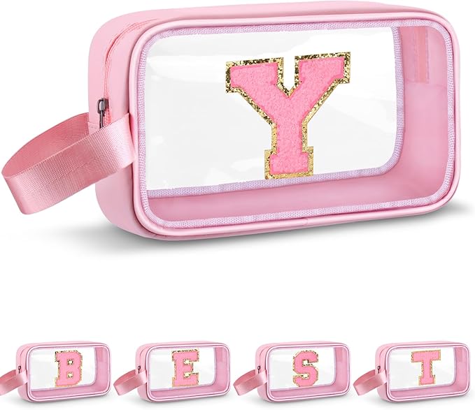 Vodolo Initial Makeup Bag,Letter Y Cute Clear Monogrammed Cosmetic Travel Bag for Womens Girls,Personalized Pink Aesthetic Traveling Make Up Organizer Bag for Beach,Waterproof Toiletry Bag