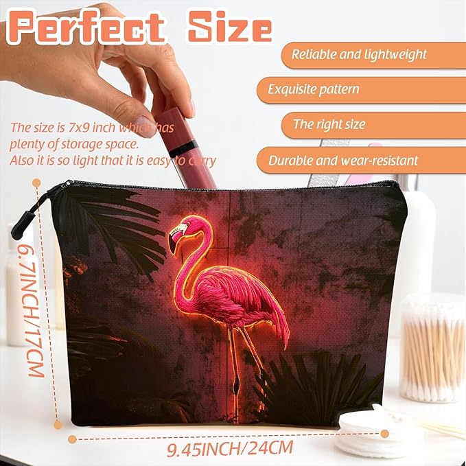 Scribesense Cosmetic Bags Travel Makeup Toilet Case Waterproof Pouch for Women Girls 6.7X9.45inches - Pink Flamingo With Neon Lighting