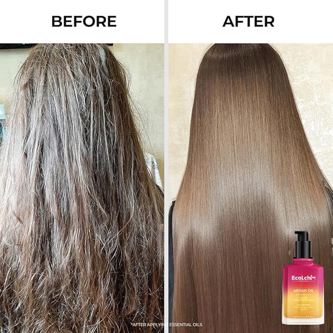 ECOLCHIPRO Argan Hair Oil Hair Serum Cold Pressed Weightless Vitamin E Argan Oil Hair Treatment for All Hair Types Dry Damaged Hair Body Skin 60ml
