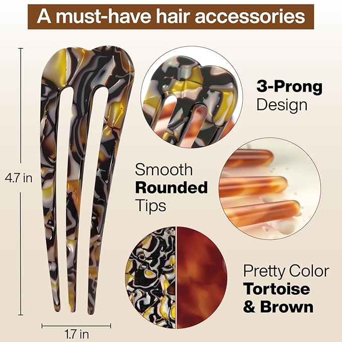 HYFEEL Large French Hair Pins for Women, 3-Prong French Pins for Thick Hair, U Shaped Hair Forks, French Twist Hair Pin Clips, Updo Hair Sticks for Buns, 2 Pcs (Tortoise, Brown)